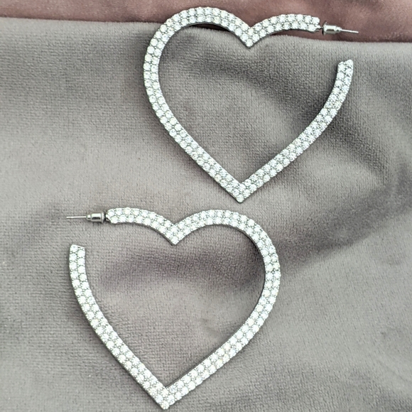 Earrings Hoop Earrings Big Hearts Shiny Crystal Rhinestone Silver Tone - Picture 4 of 12
